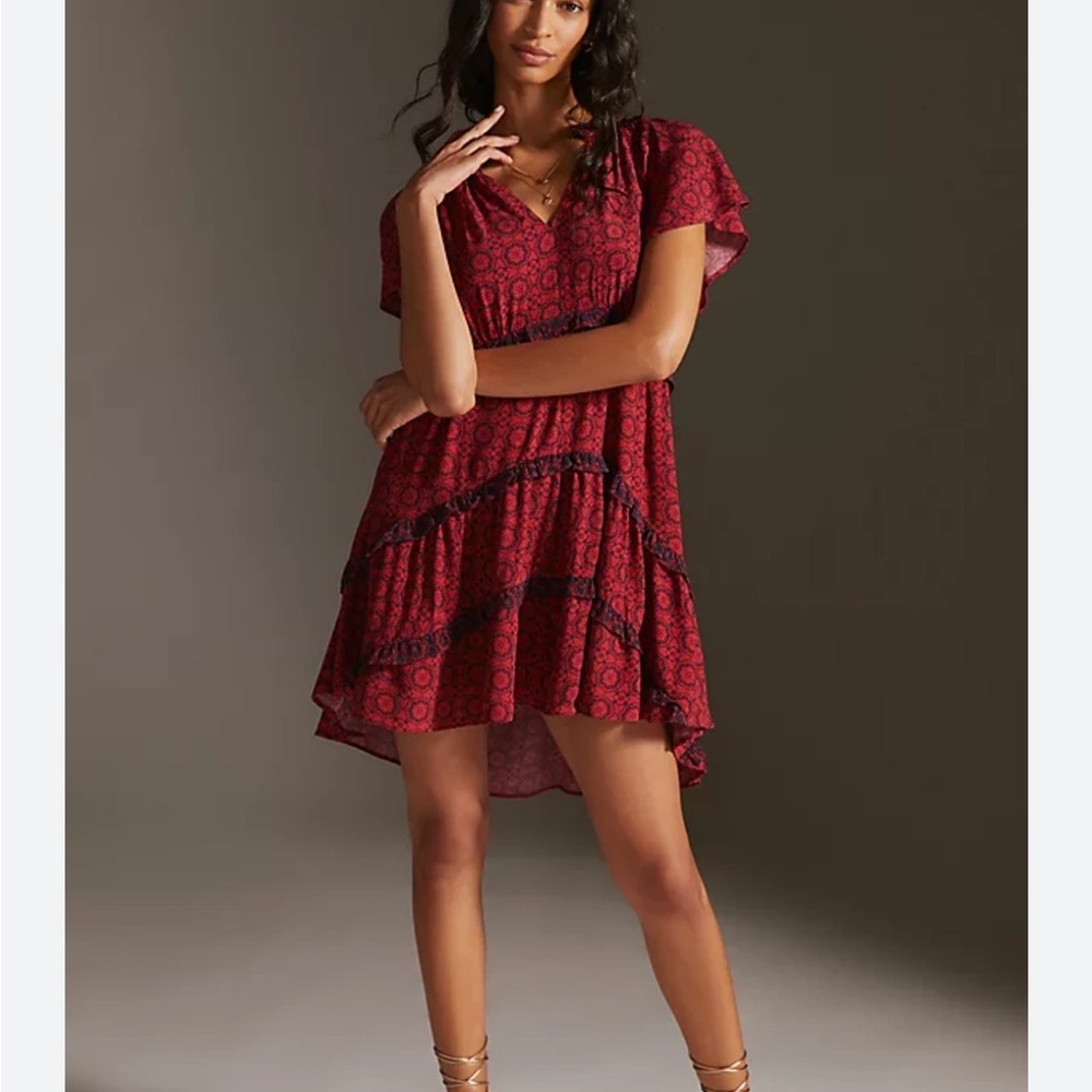New red Anthropologie Robin tiered mini dress size xxs